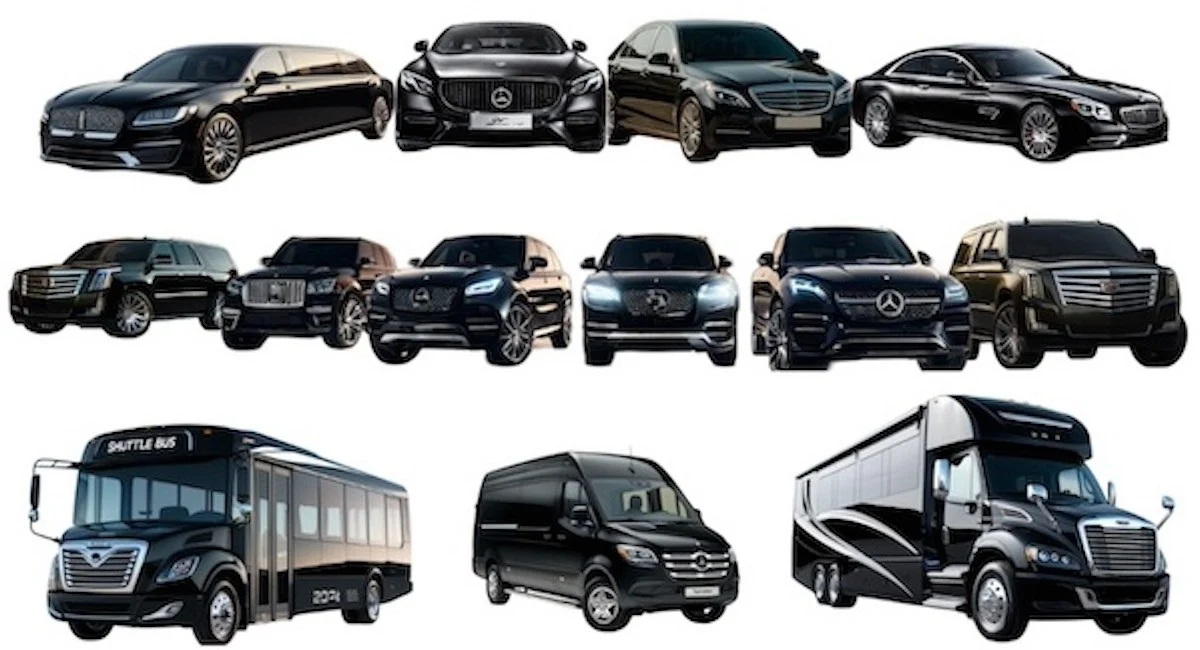 Ballston Limousine fleet with sedans, SUVs, vans, shuttle bus, and motor coach
